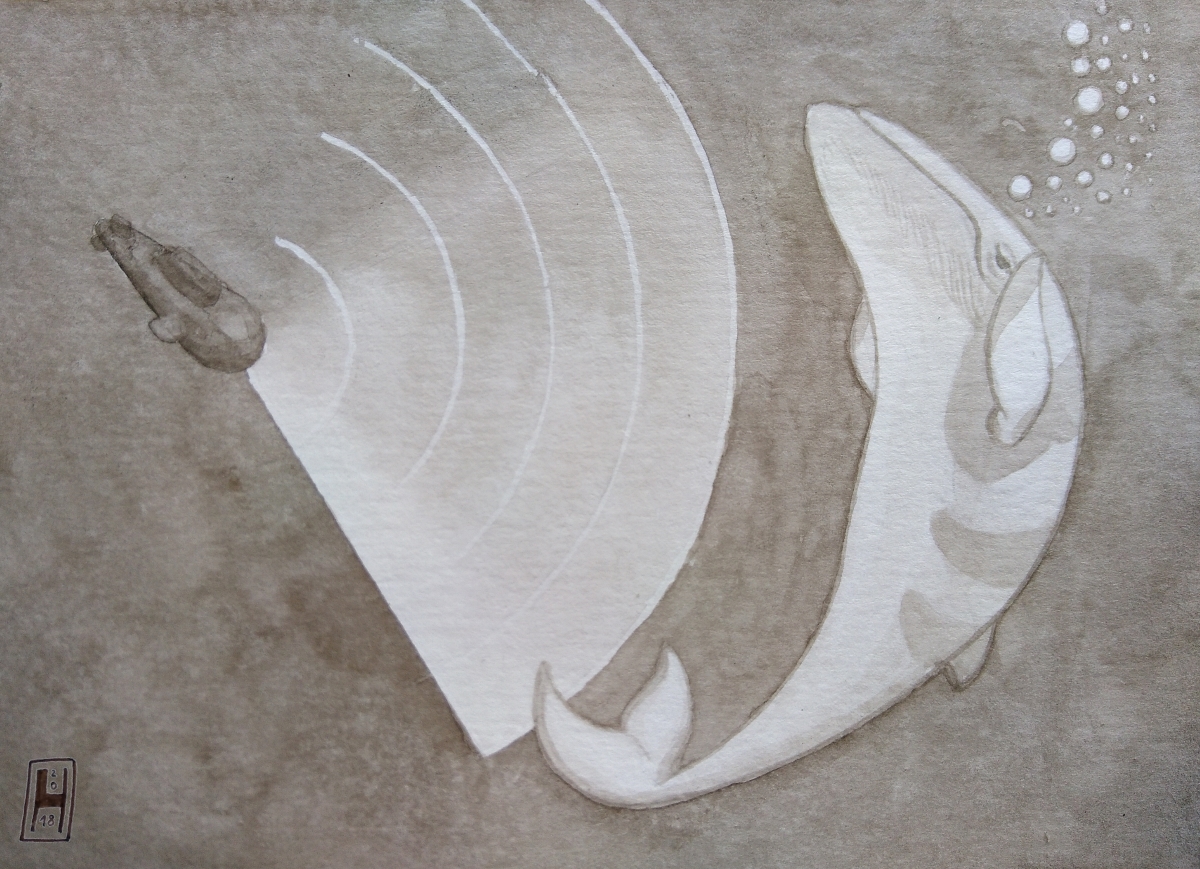 a suffering whale next to a submarine using sonar, titled sonar sucks, drawn with ink