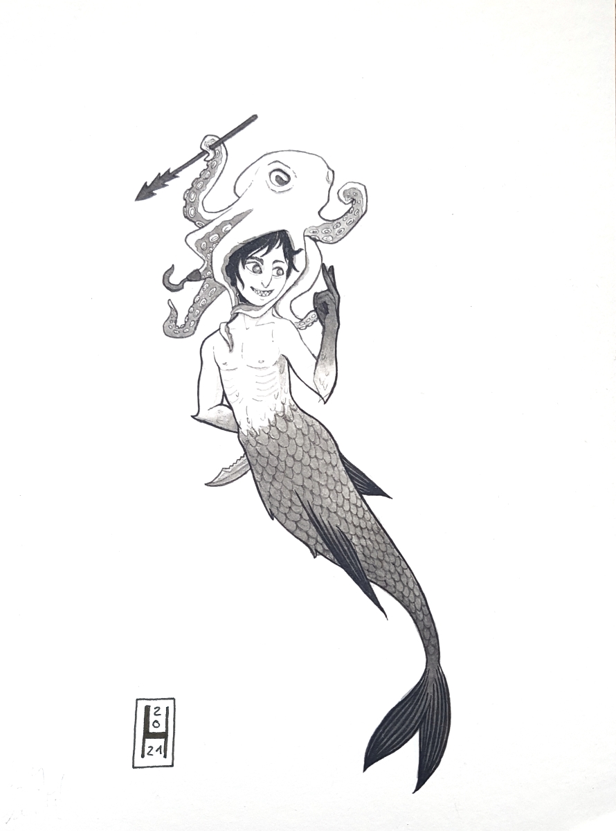 a mermaid with an octopus on his head, both are holding weapons and looking mischievous, titled helmet, drawn in ink