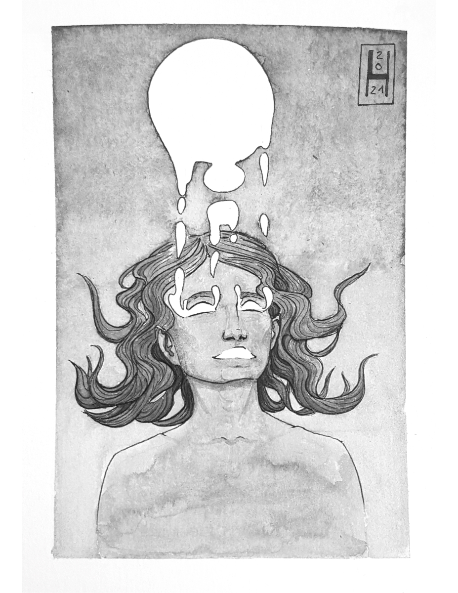 a person with a white substance coming out of the eyes like tears, floating upwards into a bubble over their head, titled vessel, drawn in ink