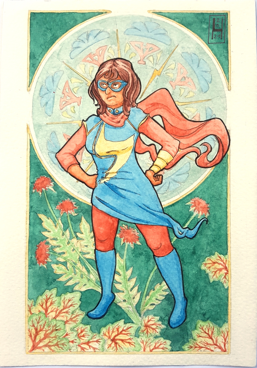 fanart of ms marvel in an art nouveau style, drawn in water color 