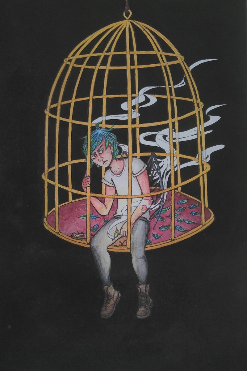 a boy sitting in a cage with burned of wings, holding burnt matches, titled property, drawn in watercolor