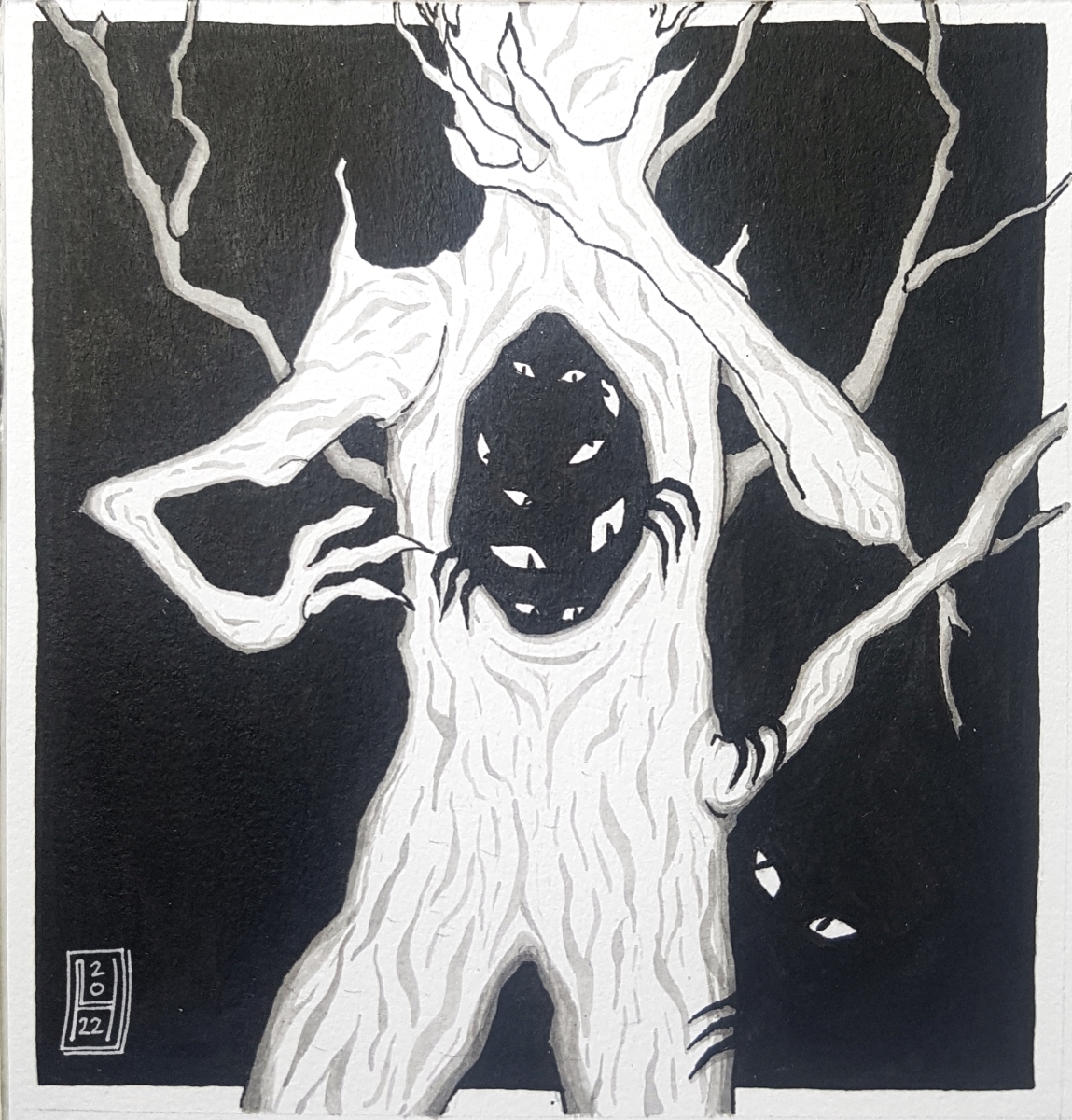 a human shaped tree with dark creatures in and around it, titled nest, drawn in ink