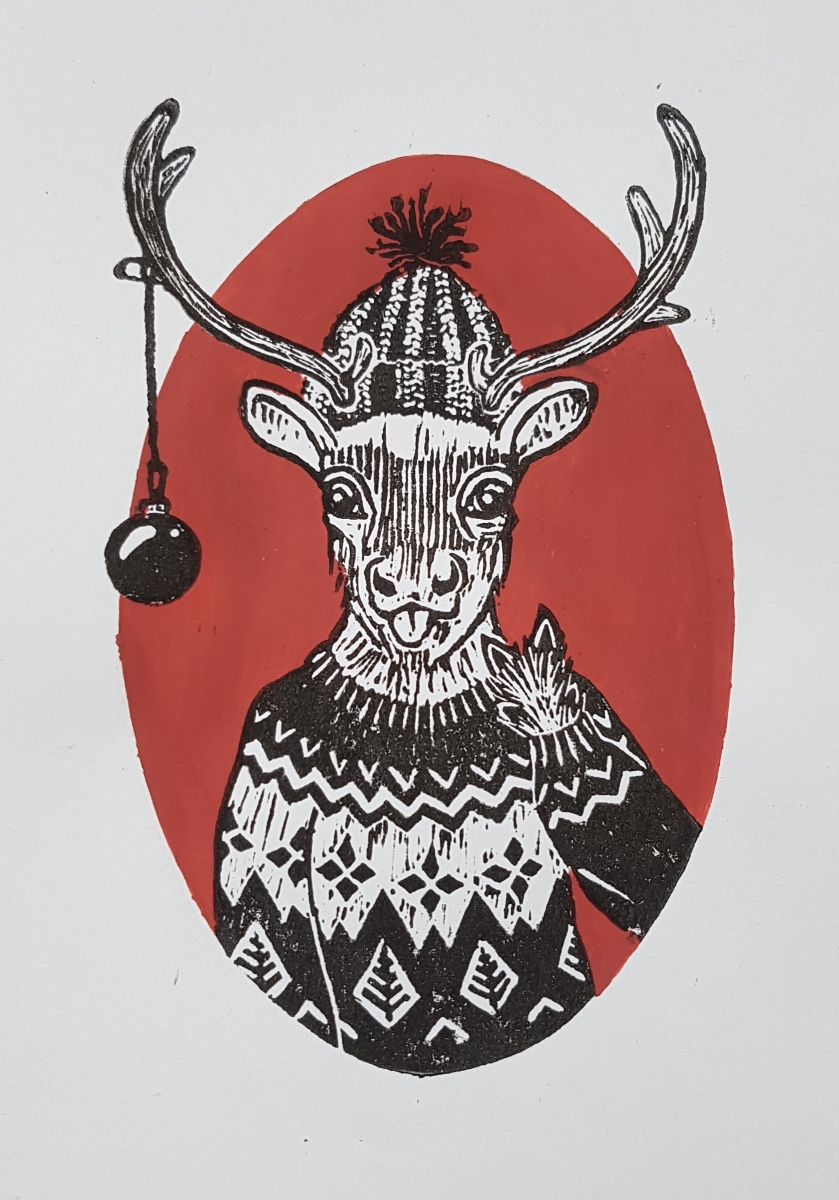 a reindeer in a knitted sweater, titled reindeer, linoprint