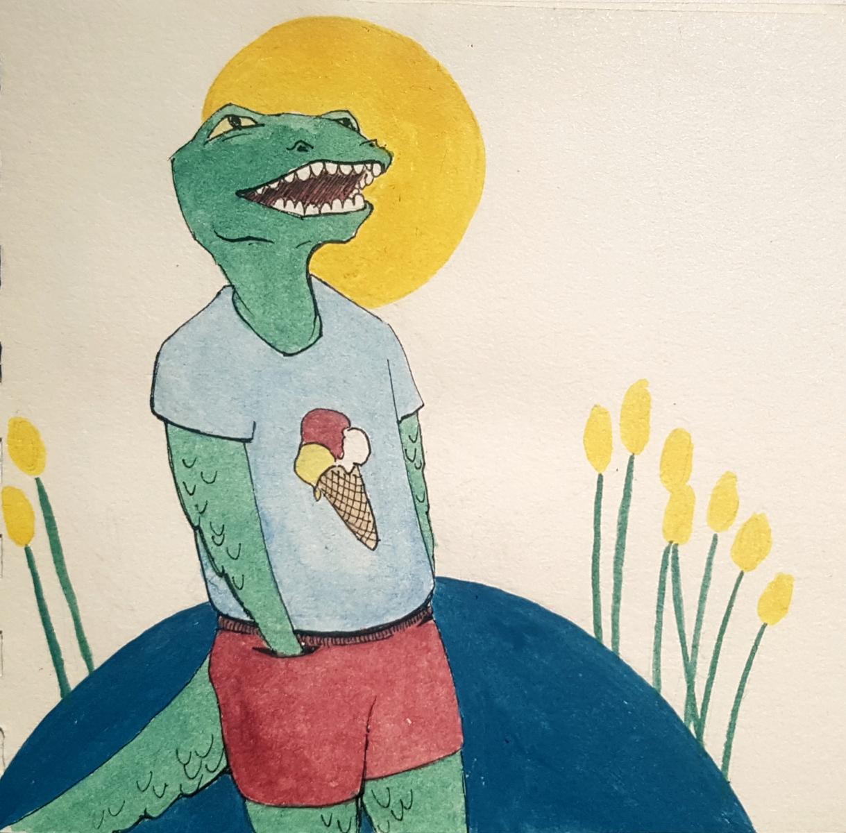 a reptile in summer clothes, titled beach bitch, gouache